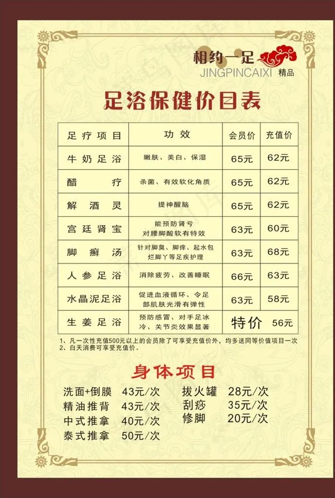 足浴价格表图片cdr矢量模版下载