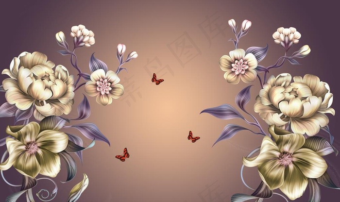 蝶恋花复古花卉牡丹花背景墙图片(9071X5669(DPI:72))psd模版下载