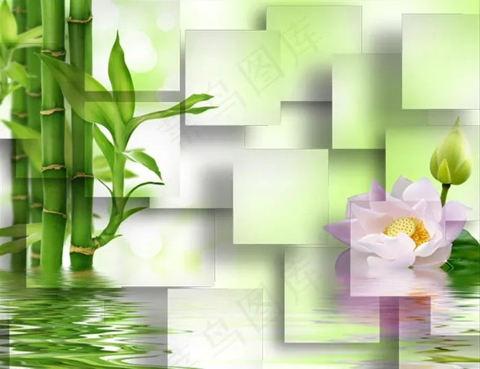 3D立体竹子荷花图片(6937X5556(DPI:300))psd模版下载