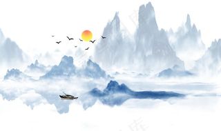 新中式蓝色意境水墨山水背景墙图片