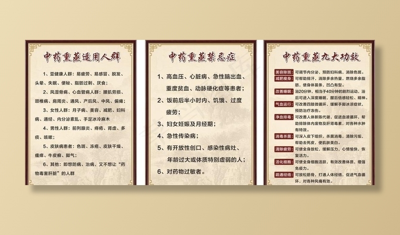 中药熏蒸禁忌症 九大功效图片(210X297)cdr矢量模版下载
