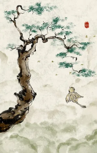 松树复古古风插画背景素材图片