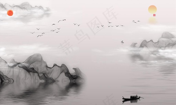 水墨山水 小船 背景墙图片(9071X5669(DPI:72))psd模版下载