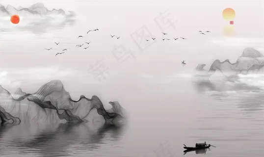 水墨山水 小船 背景墙图片 水墨山水 小船 背景墙图片