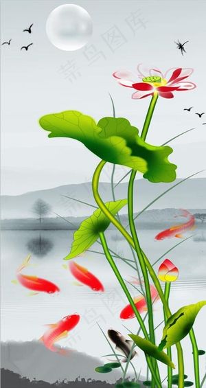 荷花九鱼水墨荷花矢量荷花图片