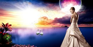 湖边时尚礼服美女海报图片