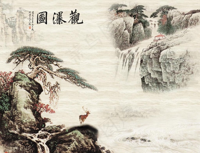 山水画背景墙图片(8504X6803(DPI:72))psd模版下载