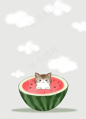 西瓜和猫咪手绘插画图片