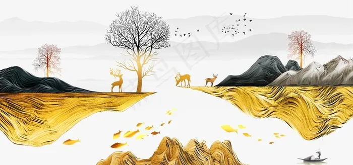 新中式金色意境水墨山水装饰画图片