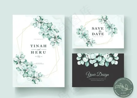 水彩绿色桉树婚礼请柬图片