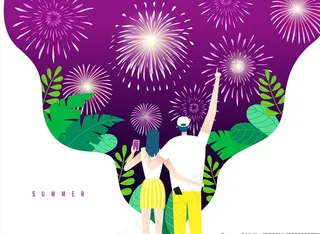 节日里的烟花和人物插画图片