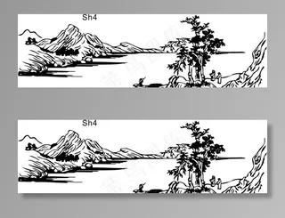 山水画雕刻矢量图硅藻泥图片