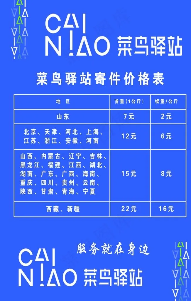 菜鸟驿站快递寄件价格表图片psd模版下载