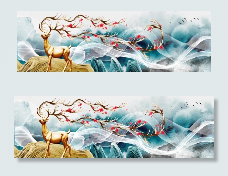 抽象轻奢麋鹿装饰画图片(9449X3248(DPI:150))psd模版下载