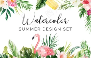 清新热带花草火烈鸟背景图片