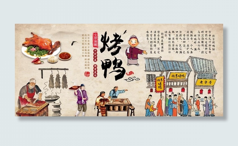 北京烤鸭 烤鸭背景墙 复古图片(11906X5669(DPI:72))psd模版下载