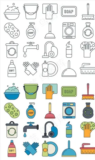 矢量彩色线条清洁卫生用品图标图片