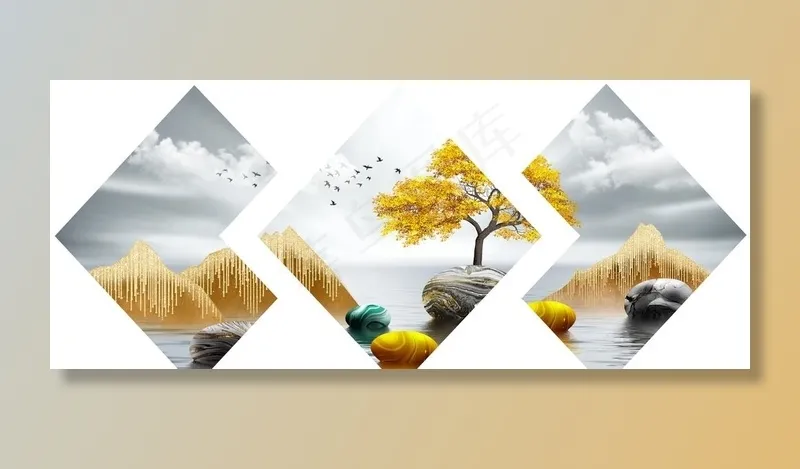 新中式金色山水石头装饰画图片(10630X4724(DPI:150))psd模版下载