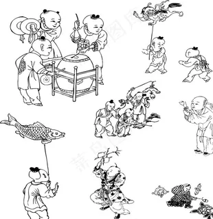 古代童子白描图图片 古代童子白描图图片