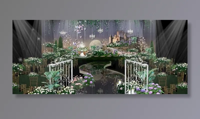 梦幻绿色森系花园婚礼效果图设计图片(5090X2328(DPI:300))psd模版下载