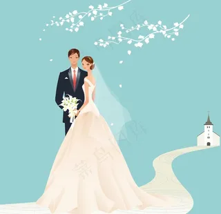 卡通情侣婚纱插画图片