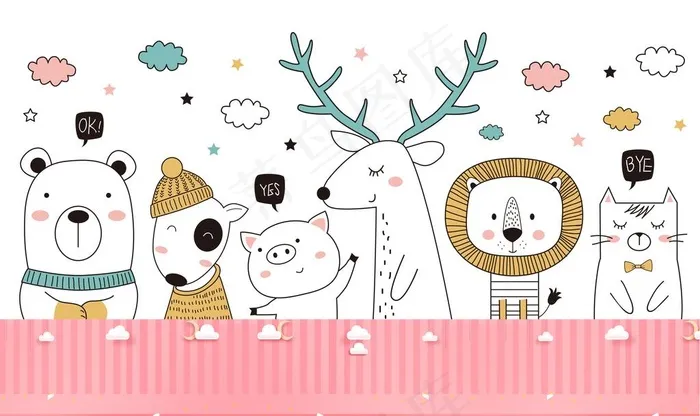 卡通可爱动物背景墙图案图片(9071X5669(DPI:130))psd模版下载