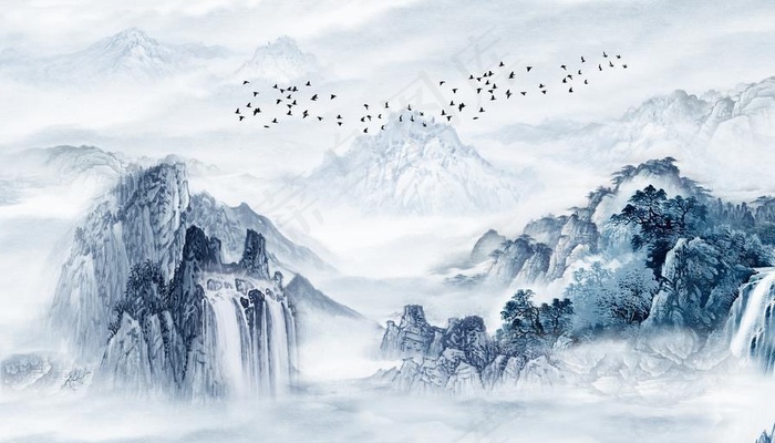 代简约水墨山水电视背景墙装饰画图片