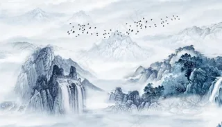 代简约水墨山水电视背景墙装饰画图片