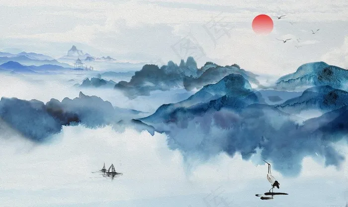 蓝色山水水墨新中式玄关屏风背景图片