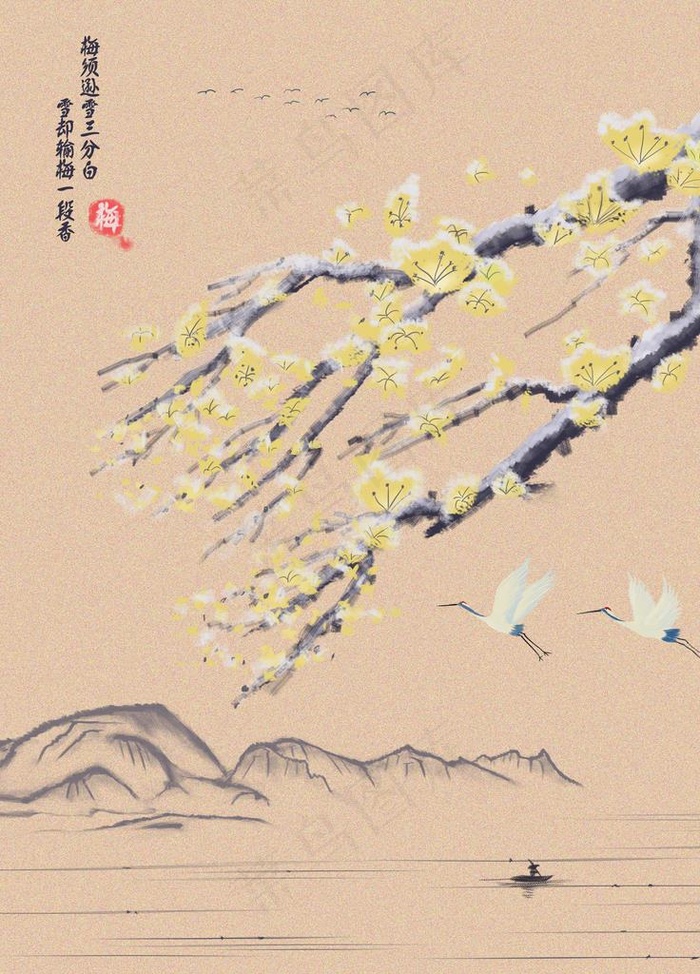 复古水墨山水梅花海报图片
