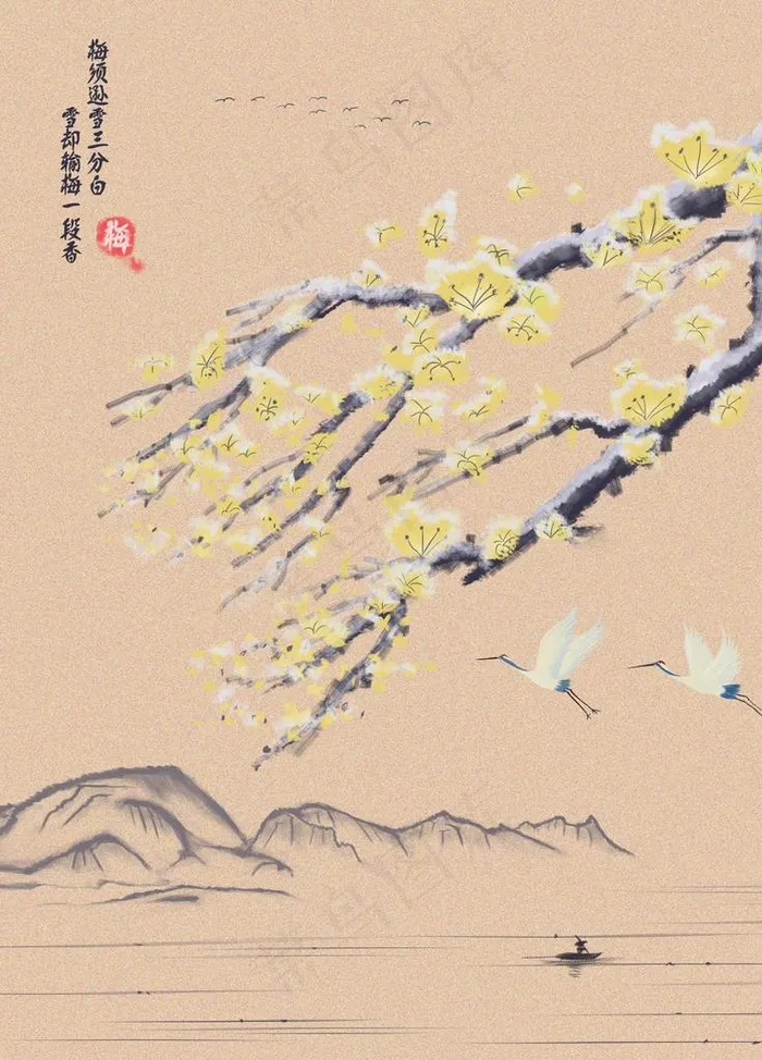复古水墨山水梅花海报图片