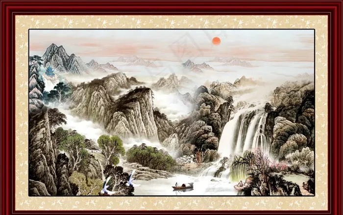 水墨丹青 旭日东升  大好山河图片(3645X2396(DPI:150))psd模版下载