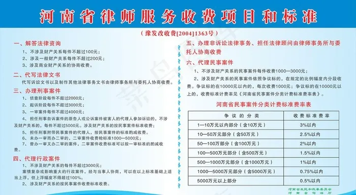 河南律师事务所收费项目和标准图片cdr矢量模版下载