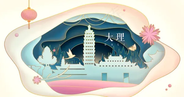 大理地标建筑城市插画卡通背景图片 大理地标建筑城市插画卡通背景图片