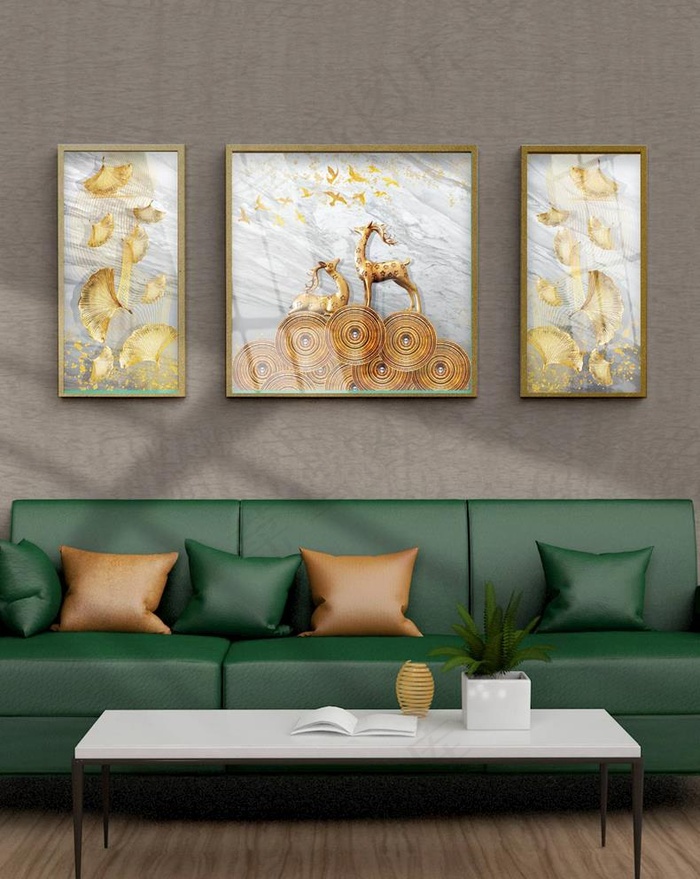 抽象线条金色山水麋鹿装饰画图片