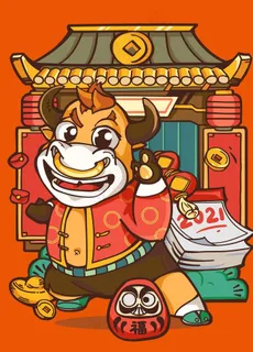 2021牛年国潮插画图片