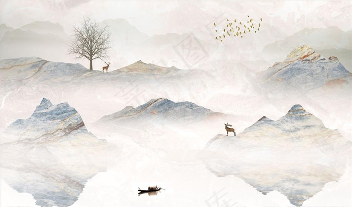 水墨山水背景墙图片