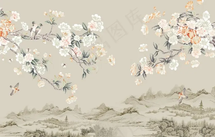 玉兰中式山水图片(14173X9449(DPI:100))psd模版下载