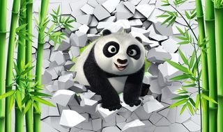 3D破洞墙体可爱熊猫竹林电视背图片