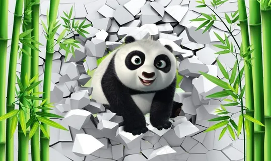 3D破洞墙体可爱熊猫竹林电视背图片 3D破洞墙体可爱熊猫竹林电视背图片
