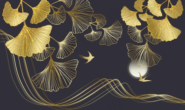 金色银杏叶装饰画图片(9071X5669(DPI:72))psd模版下载