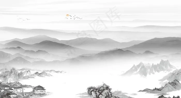 水墨画图片psd模版下载