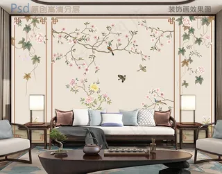 花开富贵新中式工笔背景墙图片