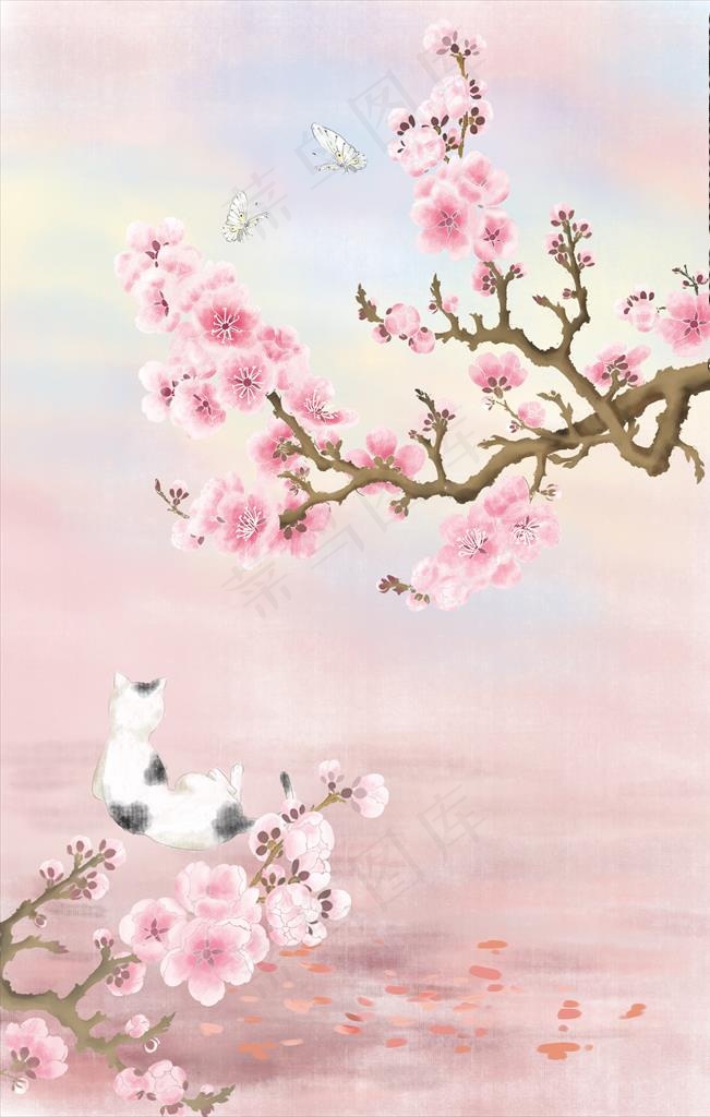 手绘桃花图图片(3545X5315(DPI:300))psd模版下载