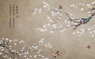 新中式鸟鸣涧花鸟背景墙图片