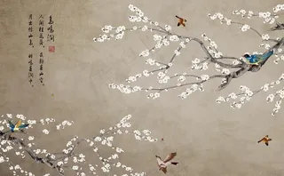 新中式鸟鸣涧花鸟背景墙图片