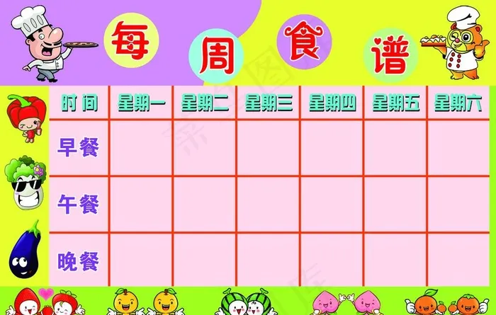 幼儿园每周食谱展板PS图片