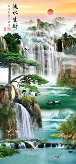 流水生财唯美寓意现实山水画玄关图片