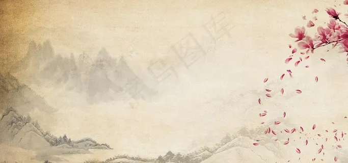 古风桃花山水宣纸背景图片 古风桃花山水宣纸背景图片