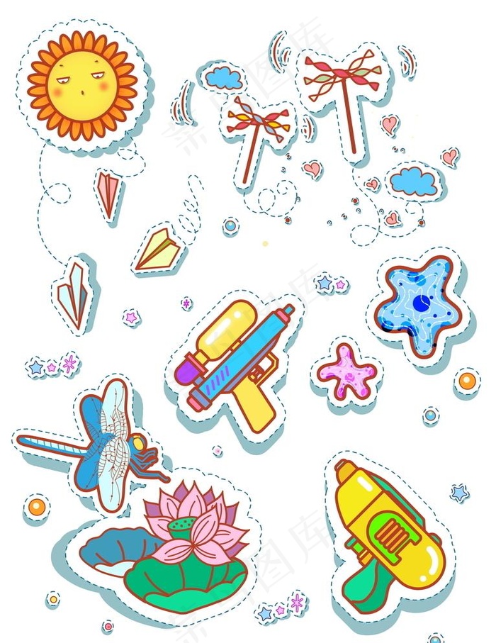 夏日荷花水枪气泡海星星纸飞机图片ai矢量模版下载
